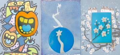 Three artworks with sugar cookies inspired by them over each image. Artworks left to right: contemporary cubist style face, one of the sculpture Heaven and Earth, and one of birds on a flowery branch as it snows.